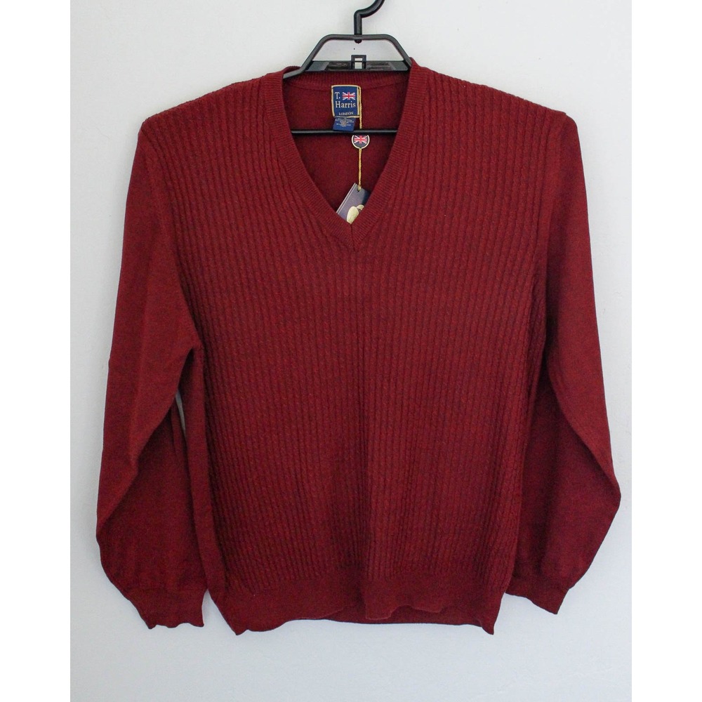 T Harris London Sweater Mens Medium Red Ribbed Knit V-Neck Pullover Long Sleeve